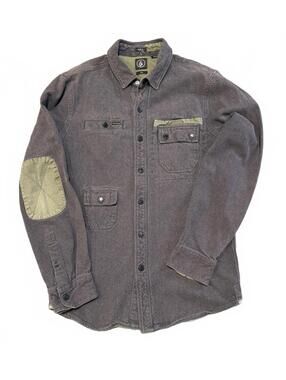 Volcom Slim Fit Button Up Shirt Men Medium Gray Olive Patch Utility 100% Cotton